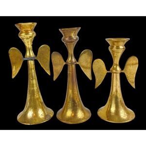 Brass Graduated MCM Angel Wings Candle Holders VTG Candlesticks Christmas Lot 3
